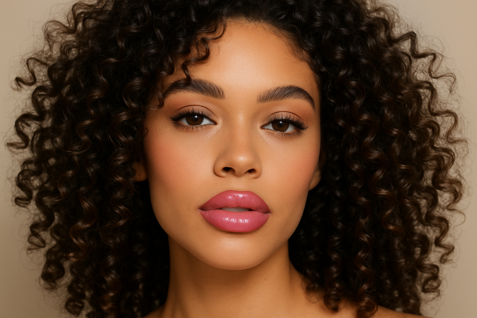 Curly hair curl with baby pink lipgloss on and dark brown lip liner