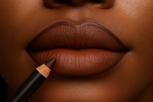 Dark brown lip liner on brown lips