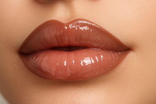 Medium brown lip liner on lips with clear gloss